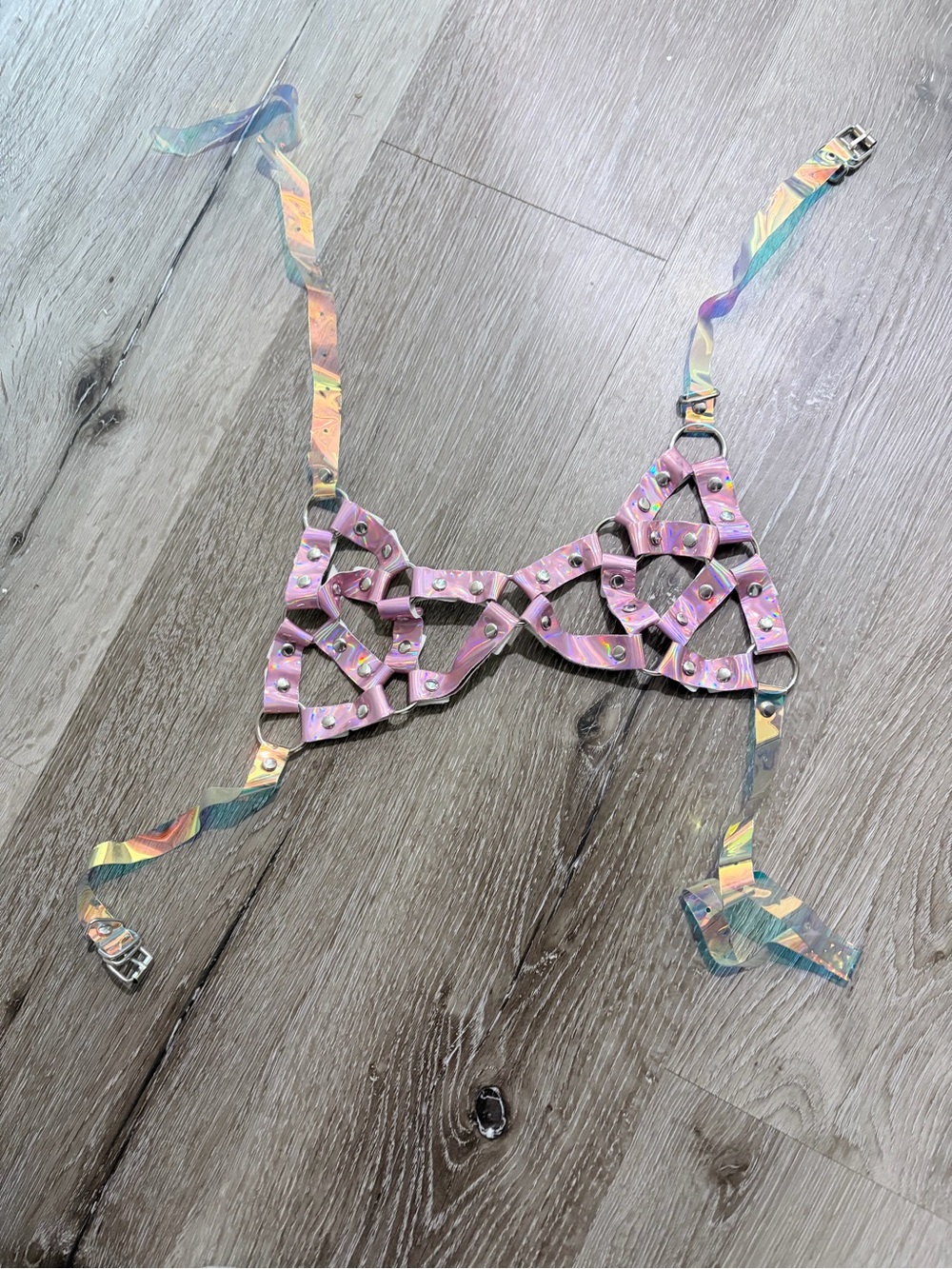 Pink Holographic Strappy Cage Bralette